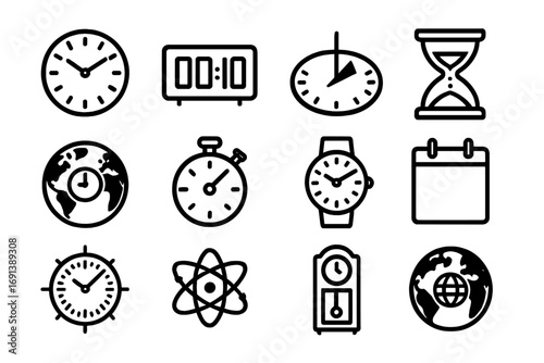 Time Measurement Icons. Outline icon set of Time measurement from Earth’s rotation: analog clock, digital clock, sundial,