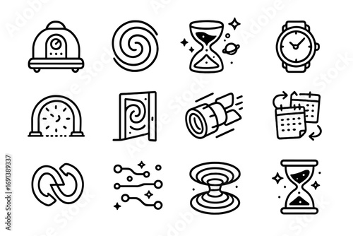 Time Travel Icons. Outline icon set of Time travel and dimension hopping: time machine, vortex swirl, hourglass in space, chrono