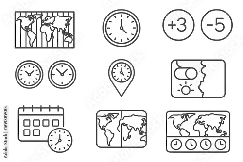 Time Zone Icons. Outline icon set of Time zones: world map with longitudinal bands, UTC clock, +3 offset badge, −5 offset badge,
