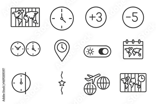 Time Zone Icons. Outline icon set of Time zones: world map with longitudinal bands, UTC clock, +3 offset badge, −5 offset badge,