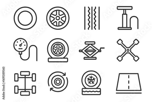 Tire Care Icon Set. Outline icon set of tire care and records: tire, wheel rim, tread icon, air pump, pressure gauge, spare tire,