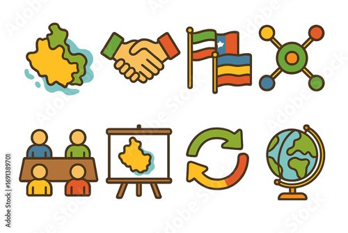 Trade Bloc Illustrations. Flat vector mini-illustrations Regional trade bloc collaboration in colors children’s illustrations: map