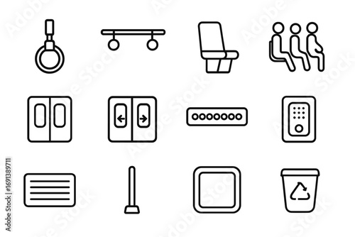 Train Interior Icons. Outline icon set of train interior elements: hand strap, overhead bar, seat, priority sticker, door open