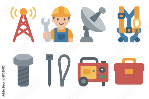 Tower Rebuilding Icons. Flat vector mini-illustrations Communication tower rebuilding in colors children's illustrations: radio