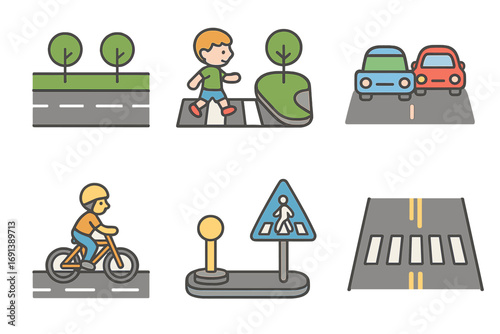 Traffic Safety Icons. Flat vector mini-illustrations Green median safety zone in colors children’s illustrations: planted median,