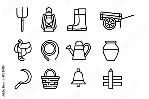 Traditional Farming Icons. Outline icon set of traditional farming life: pitchfork, lantern, boots, wooden cart, saddle, rope,