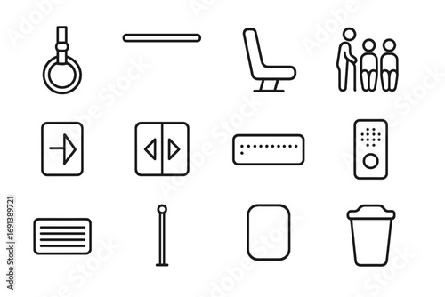 Train Interior Icons. Outline icon set of train interior elements: hand strap, overhead bar, seat, priority sticker, door open
