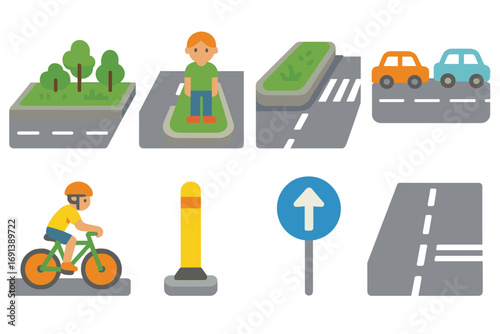 Traffic Safety Icons. Flat vector mini-illustrations Green median safety zone in colors children’s illustrations: planted median,
