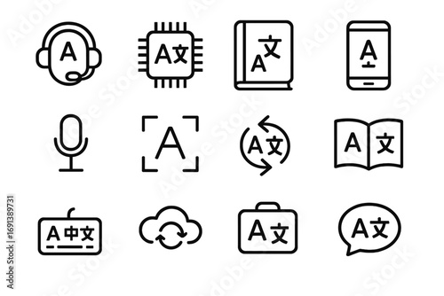 Translation Tools Icons. Outline icon set of translation tools: translator headset, AI translation chip, bilingual dictionary,