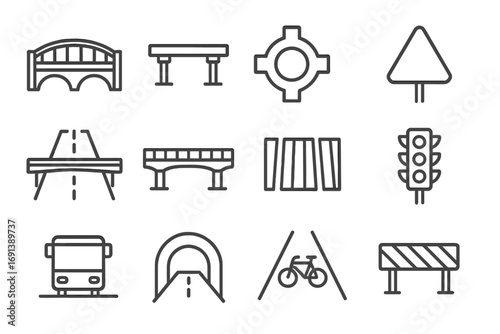 Transportation Icons Grid. Outline icon set of transportation infrastructure: bridge, overpass, roundabout, traffic sign, highway,