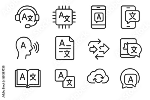 Translation Tools Icons. Outline icon set of translation tools: translator headset, AI translation chip, bilingual dictionary,
