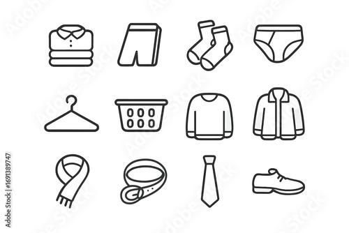 Travel Clothes Organization. Outline icon set of sorting clothes after travel: shirt stack, pant pile, sock pair, underwear,