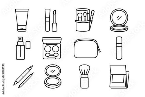 Travel Beauty Essentials. Outline icon set of Travel & on-the-go nude kit: mini foundation tube, mini concealer, travel brush set,