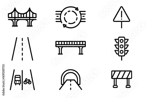 Transportation Icons Grid. Outline icon set of transportation infrastructure: bridge, overpass, roundabout, traffic sign, highway,