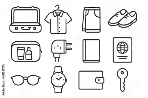 Travel Essentials Icons. Outline icon set of unpacking luggage essentials: suitcase open, hanging shirt, folded pants, shoes pair,