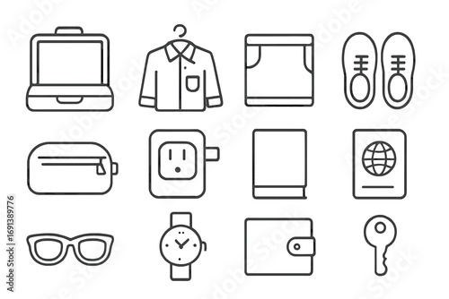 Travel Essentials Icons. Outline icon set of unpacking luggage essentials: suitcase open, hanging shirt, folded pants, shoes pair,