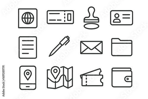 Travel Document Icons. Outline icon set of arranging travel documents: passport, boarding pass, visa stamp, ID card, itinerary