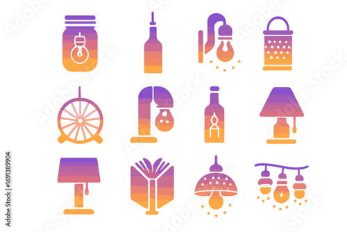 Upcycled Lighting Icons. Gradient icons set of upcycled lighting fixtures: mason jar lamp, bottle pendant light, wine bottle