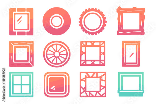 Upcycled Mirror Icons. Gradient icons set of upcycled mirror and frame designs: pallet wood frame, record vinyl mirror, bottle cap