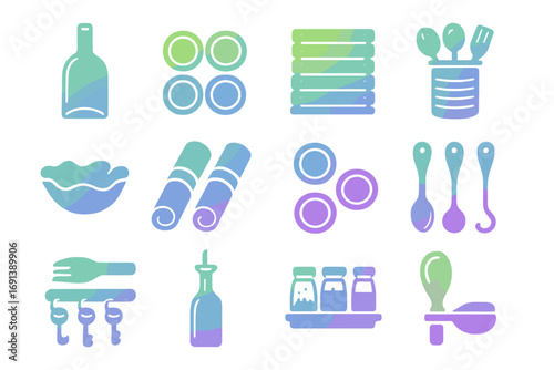 Upcycled Kitchen Icons. Gradient icons set of upcycled tableware and kitchen accessories: bottle cutting board, wine cork coasters