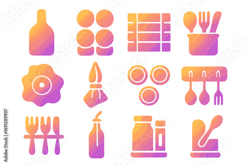 Upcycled Kitchen Icons. Gradient icons set of upcycled tableware and kitchen accessories: bottle cutting board, wine cork coasters
