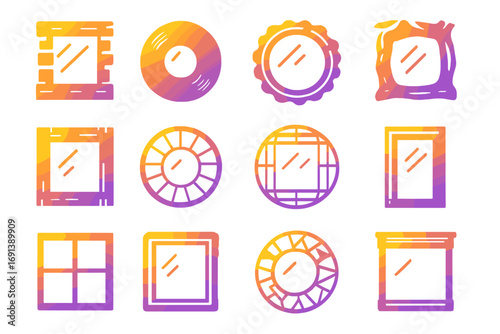 Upcycled Mirror Icons. Gradient icons set of upcycled mirror and frame designs: pallet wood frame, record vinyl mirror, bottle cap