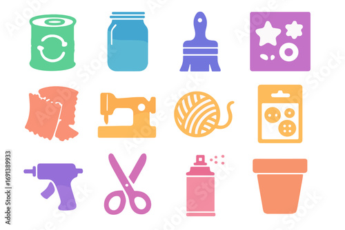Upcycling Craft Icons. Gradient icons set of upcycling and DIY craft supplies: recycled tin can, mason jar, paintbrush, stencil