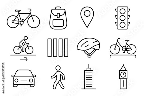 Urban Cycling Icons. Outline icon set of urban cycling: commuter bike, backpack, city map pin, traffic light, cycling lane,