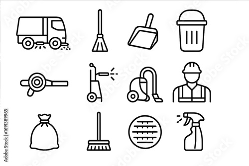 Urban Cleaning Icons. Outline icon set of urban street cleaning: street sweeper truck, broom, dustpan, street bin, leaf blower,