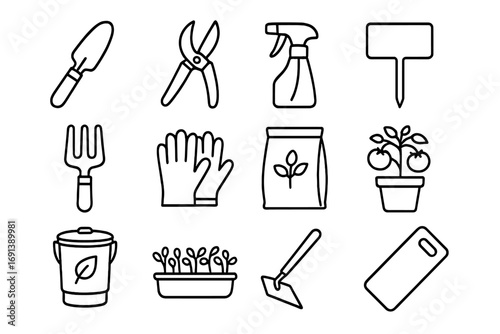 Urban Gardening Tools Icons. Outline icon set of urban gardening tools: small trowel, pruning shears, watering spray bottle, plant