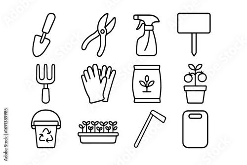 Urban Gardening Tools Icons. Outline icon set of urban gardening tools: small trowel, pruning shears, watering spray bottle, plant
