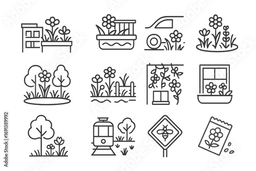 Urban Pollinator Icons. Outline icon set of Urban pollinator corridors: rooftop meadow, balcony planter, curbside verge,