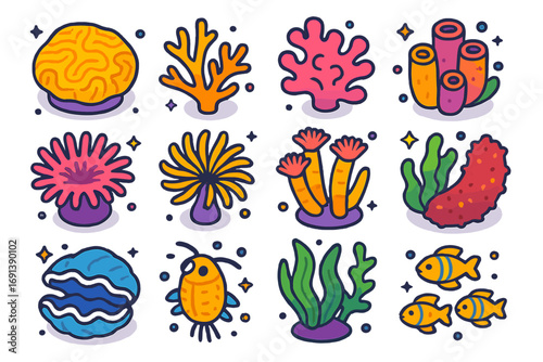 Vibrant Coral Reef Icons. Colorful isometric vector icons set of coral reef biodiversity: brain coral, staghorn coral, soft coral,