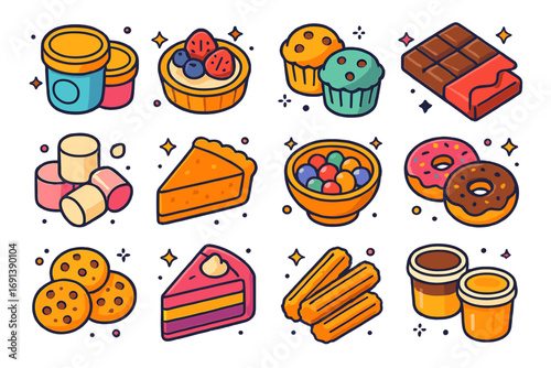Vibrant Dessert Icons. Colorful isometric vector icons set of potluck dessert and sweets: ice cream tubs, fruit tart, muffins,