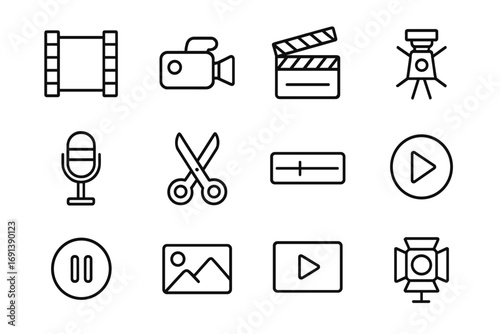Video Creation Icons. Outline icon set of video content creation: film strip, video camera, clapperboard, tripod, microphone,