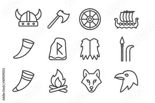 Viking Icon Set. Outline icon set of Viking reenactments: Viking helmet, axe, round shield, longship, horn, rune stone, fur cloak,