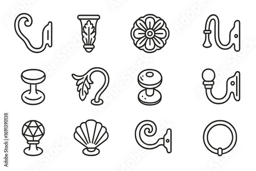 Vintage Curtain Holdbacks. Outline icon set of vintage curtain holdbacks: ornate hook, carved wood holdback, floral medallion,