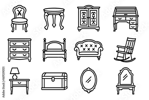 Vintage Decor Icons. Outline icon set of vintage home decor with antique furniture: ornate wooden chair, clawfoot table, carved