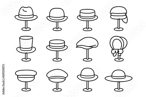Vintage Hatstand Icons. Outline icon set of vintage hatstand styles: antique fedora, bowler hat, cloche, pillbox hat, top hat,
