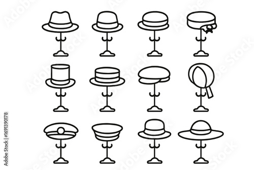 Vintage Hatstand Icons. Outline icon set of vintage hatstand styles: antique fedora, bowler hat, cloche, pillbox hat, top hat,
