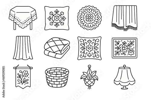 Vintage Home Decor Icons. Outline icon set of vintage home decor with textile elements: lace tablecloth, embroidered cushion,