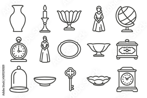 Vintage Home Decor Icons. Outline icon set of vintage home decor with decorative accessories: porcelain vase, brass candlestick,