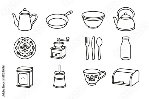 Vintage Kitchen Icon Set. Outline icon set of vintage home decor with kitchenware: enamel teapot, cast iron skillet, ceramic