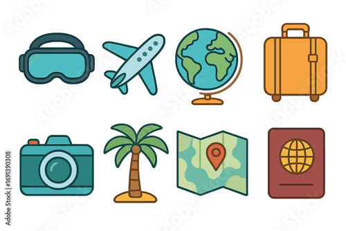 Virtual Travel Adventure. Flat vector mini-illustrations Virtual travel adventures in colors children's illustrations: VR headset,
