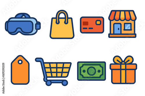 Virtual Shopping and Cooking. Flat vector mini-illustrations Virtual shopping experience in colors children's illustrations: VR