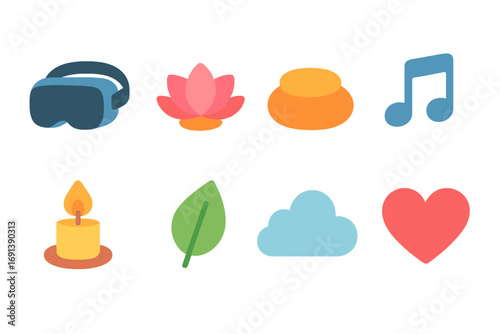 Virtual Therapy Icons. Flat vector mini-illustrations Virtual therapy and relaxation in colors children's illustrations: VR