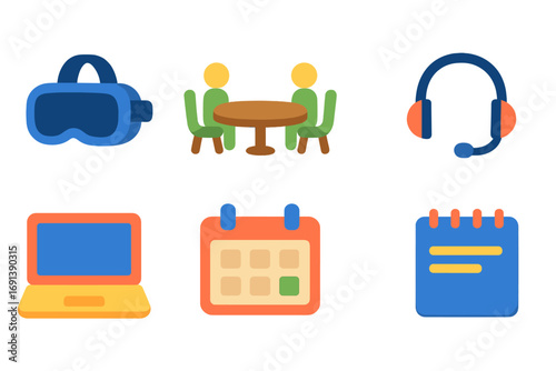 Virtual Meeting Icons. Flat vector mini-illustrations VR work meetings in colors children's illustrations: VR headset, conference