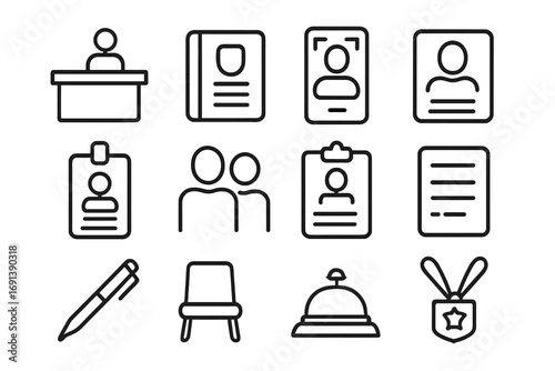 Visitor Management Icons. Outline icon set of visitor management workflow: reception desk, guest book, ID scan, visitor badge,