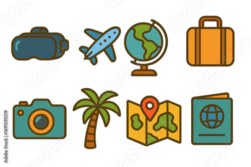 Virtual Travel Adventure. Flat vector mini-illustrations Virtual travel adventures in colors children's illustrations: VR headset,