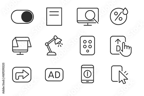 Visual Accessibility Icons. Outline icon set of Visual accessibility supports: high-contrast UI toggle, large print document,